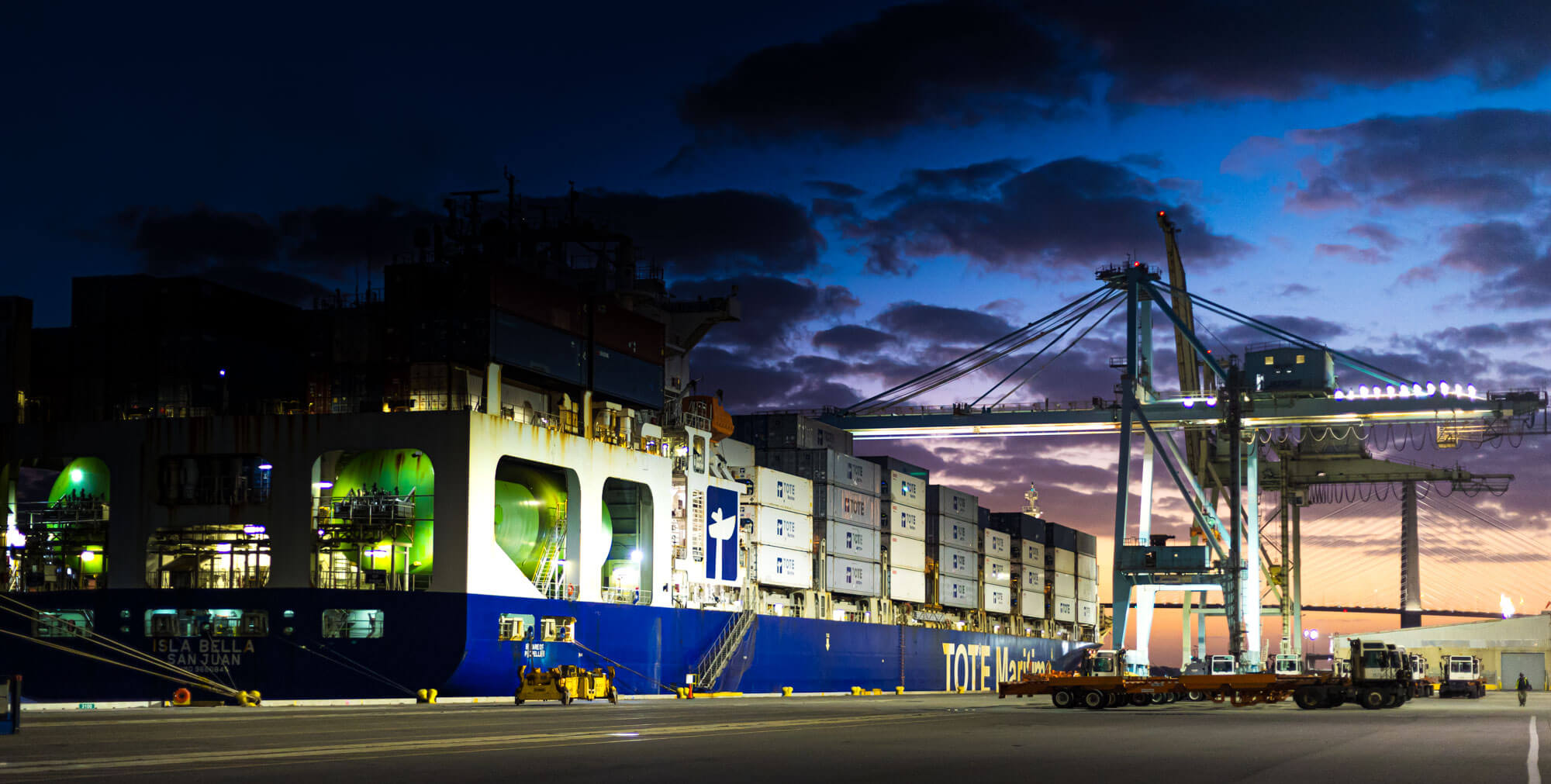 Container ship at port with cranes during sunset, showcasing cargo handling services.